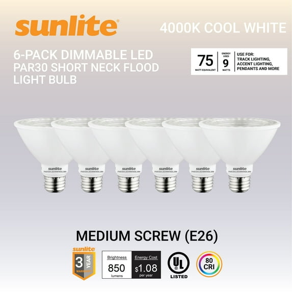 Sunlite LED PAR30 Short Neck Flood Light Bulb, 9 Watts, (75W Equivalent), 850 Lumens, Medium Screw (E26) Base, Dimmable, ETL Listed, 4000K Cool White, 6 Count