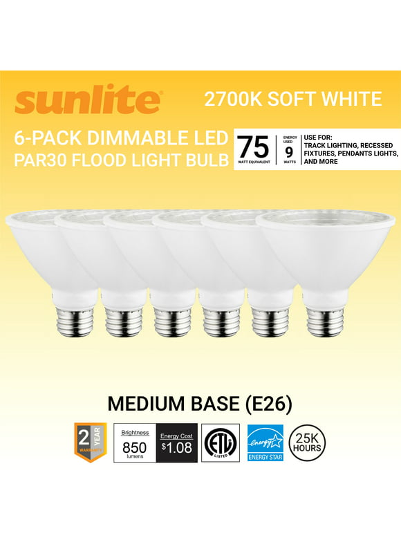 Sunlite LED PAR30 Short Neck Flood Light Bulb, 9 Watts, (75W Equivalent), 850 Lumens, Medium Screw (E26) Base, Dimmable, ETL Listed, Energy Star, 2700K Warm White, 6 Count