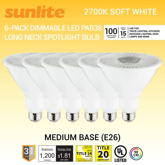 Sunlite LED PAR38 Long Neck Spot light Bulb, 15 Watts (100W Halogen EQ), Medium E26 Base, Dimmable, Super White, UL Listed, 5000K Daylight, 6-Pack