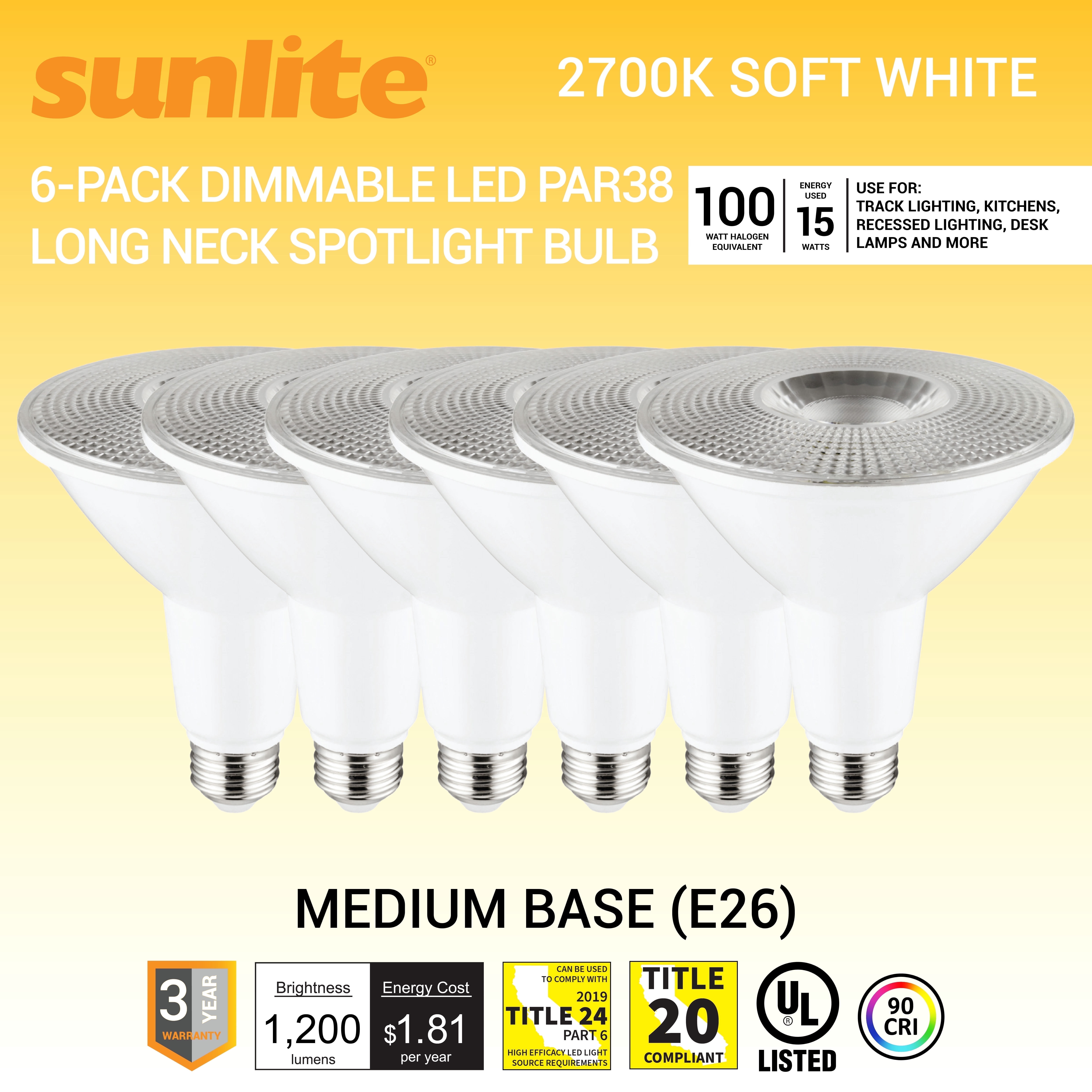 Sunlite LED PAR38 Long Neck Spotlight Bulb, 15 Watts (100W Halogen EQ), Medium E26 Base, Dimmable,UL Listed, 2700K Soft White, 6-Pack