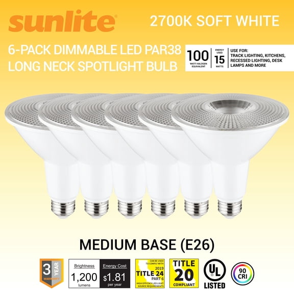 Sunlite LED PAR38 Long Neck Spotlight Bulb, 15 Watts (100W Halogen EQ), Medium E26 Base, Dimmable,UL Listed, 2700K Soft White, 6-Pack