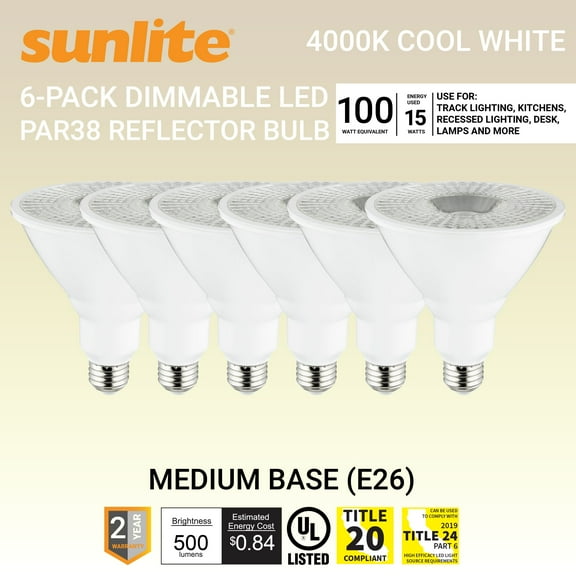 Sunlite LED PAR38 Long Neck Spotlight Bulb, 15 Watts (100W Halogen EQ), Medium E26 Base, Dimmable,UL Listed, 4000K Cool White, 6-Pack