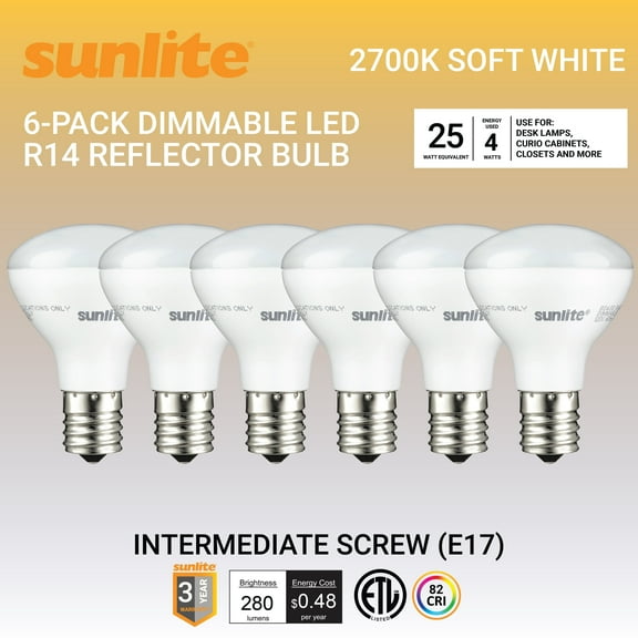 Sunlite LED R14 Mini Reflector Floodlight Light Bulb, 4 Watts (25W Equivalent), Intermediate E17 Base, Dimmable,ETL Listed, 2700K Soft White, 6-Pack