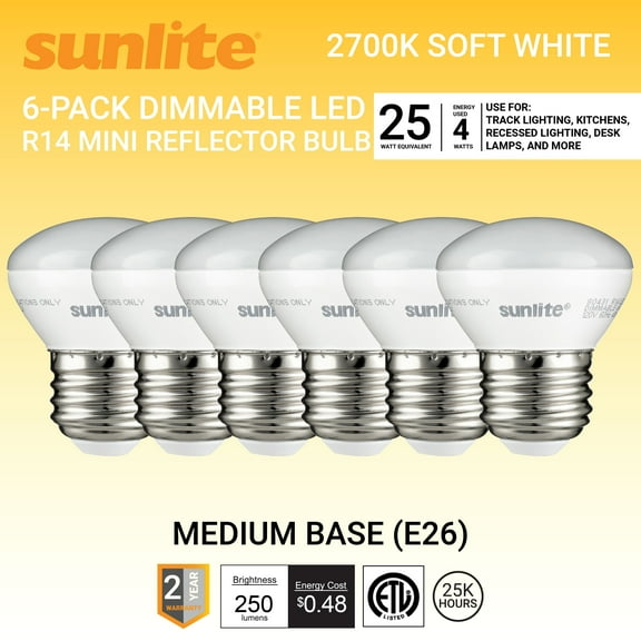 Sunlite LED R14 Mini Reflector Floodlight Light Bulb, 4 Watts (25W Equivalent), Medium E26 Base, Dimmable,ETL Listed, 2700K Warm White, 6-Pack