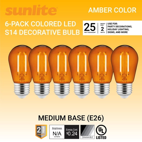 Sunlite LED S14 String Light Bulb, 2 Watts (25W Equivalent), Medium E26 Base, Party Decoration, Holiday Lighting, Transparent, Dimmable, UL Listed, Amber, 6 Count
