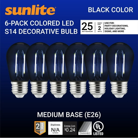 Sunlite LED S14 String Light Bulb, 2 Watts (25W Equivalent), Medium E26 Base, Party Decoration, Holiday Lighting, Transparent, Dimmable, UL Listed, Black, 6 Count