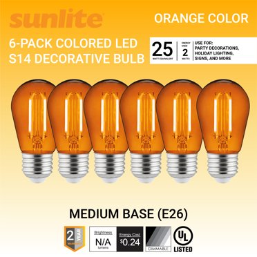 20-Pack Orange S14 String Light Bulbs – 11W, 120V, E26 Medium Base, Dimmable – 11S14/O
