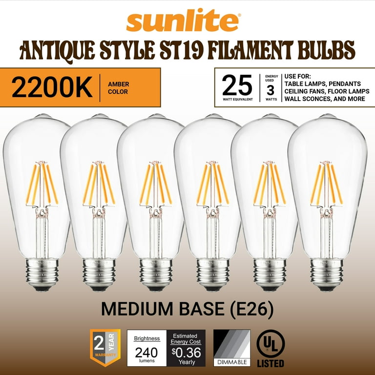 Sunlite 25-Watt Equivalent ST19 Dimmable Edison Filament LED Light Bulb, Amber 2200K (6-Pack) Sunlite 25-Watt Equivalent ST19 Dimmable Edison Filament LED Light Bulb, Amber 2200K (6-Pack)