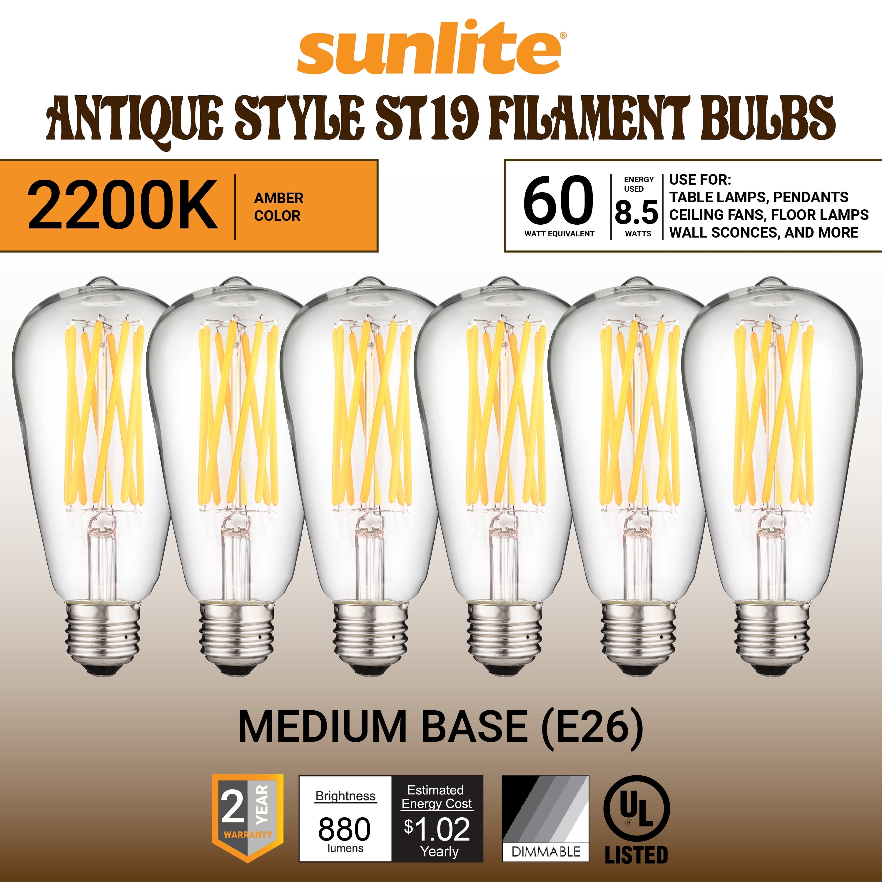 Sunlite LED ST19 Filament Style Edison Light Bulb, 8.5 Watts (60W Equivalent), Medium Base (E26), Dimmable, Clear, UL Listed, 2200K Amber, 6-Pack