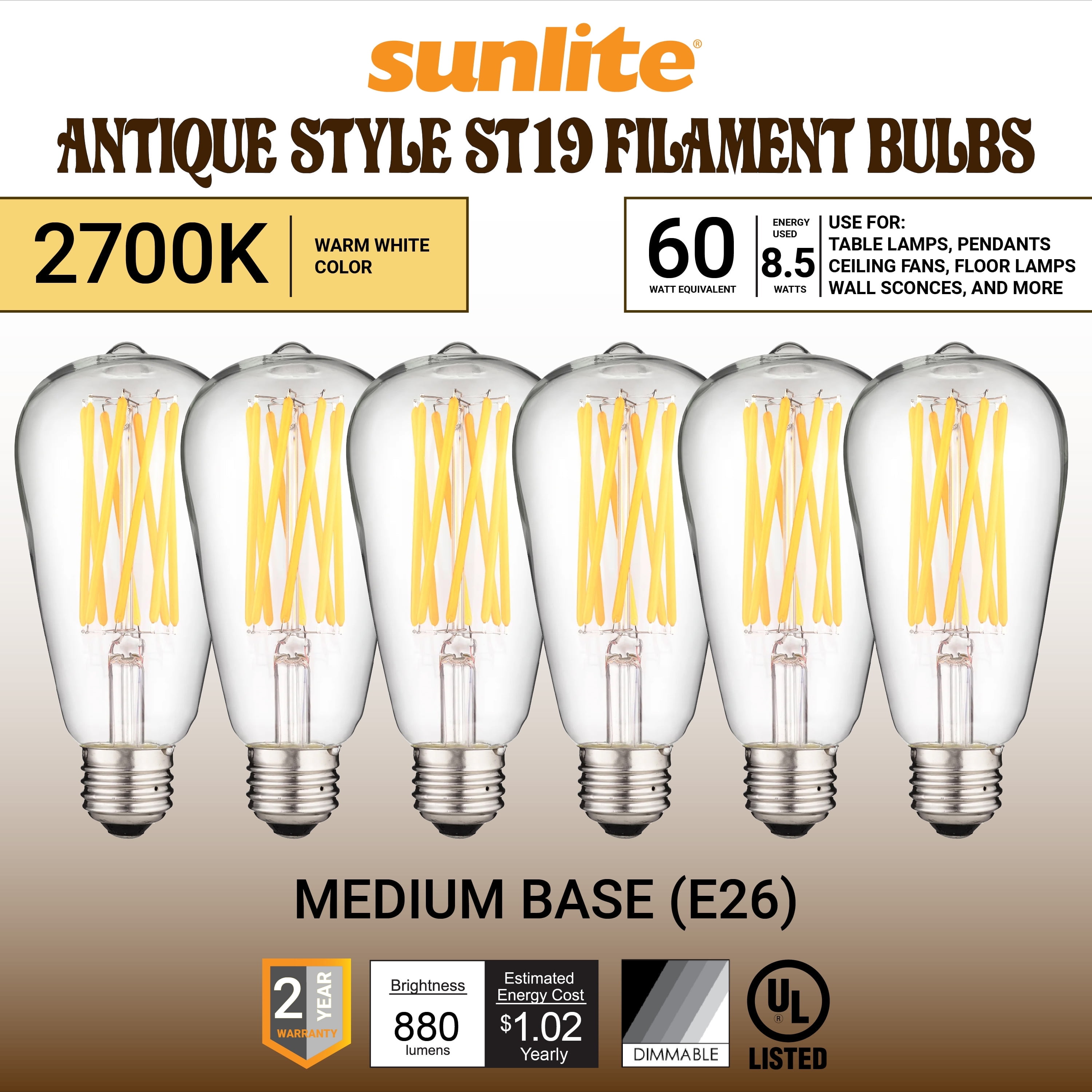 Sunlite 40-Watt Equivalent ST19 Dimmable Edison Filament Smoke LED Light Bulb, Amber 2200K (6-Pack) Sunlite 40-Watt Equivalent ST19 Dimmable Edison Filament Smoke LED Light Bulb, Amber 2200K (6-Pack)