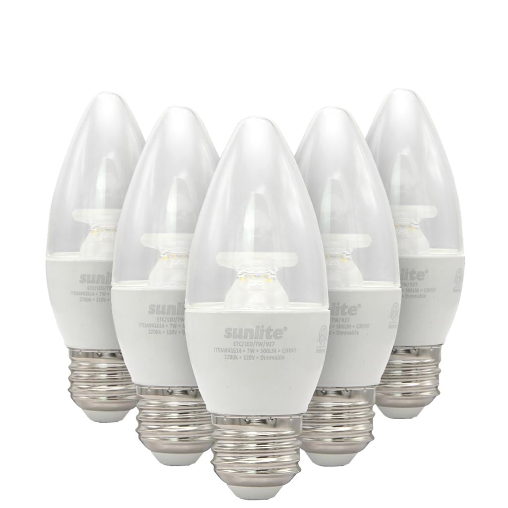 Sunlite LED Torpedo Tip B10 Clear Chandelier Light Bulb, 7 Watts (60W Equivalent), 500 Lumens, Medium Base (E26), 90 CRI, Dimmable, ETL Listed, 2700K Soft White, 6 Count
