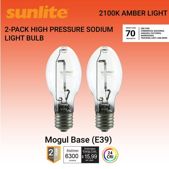 Sunlite LU70/MOG HPS Bulb, 70W, E39 Base, S62, 6300lm, 2100K, Clear, 2-Pack
