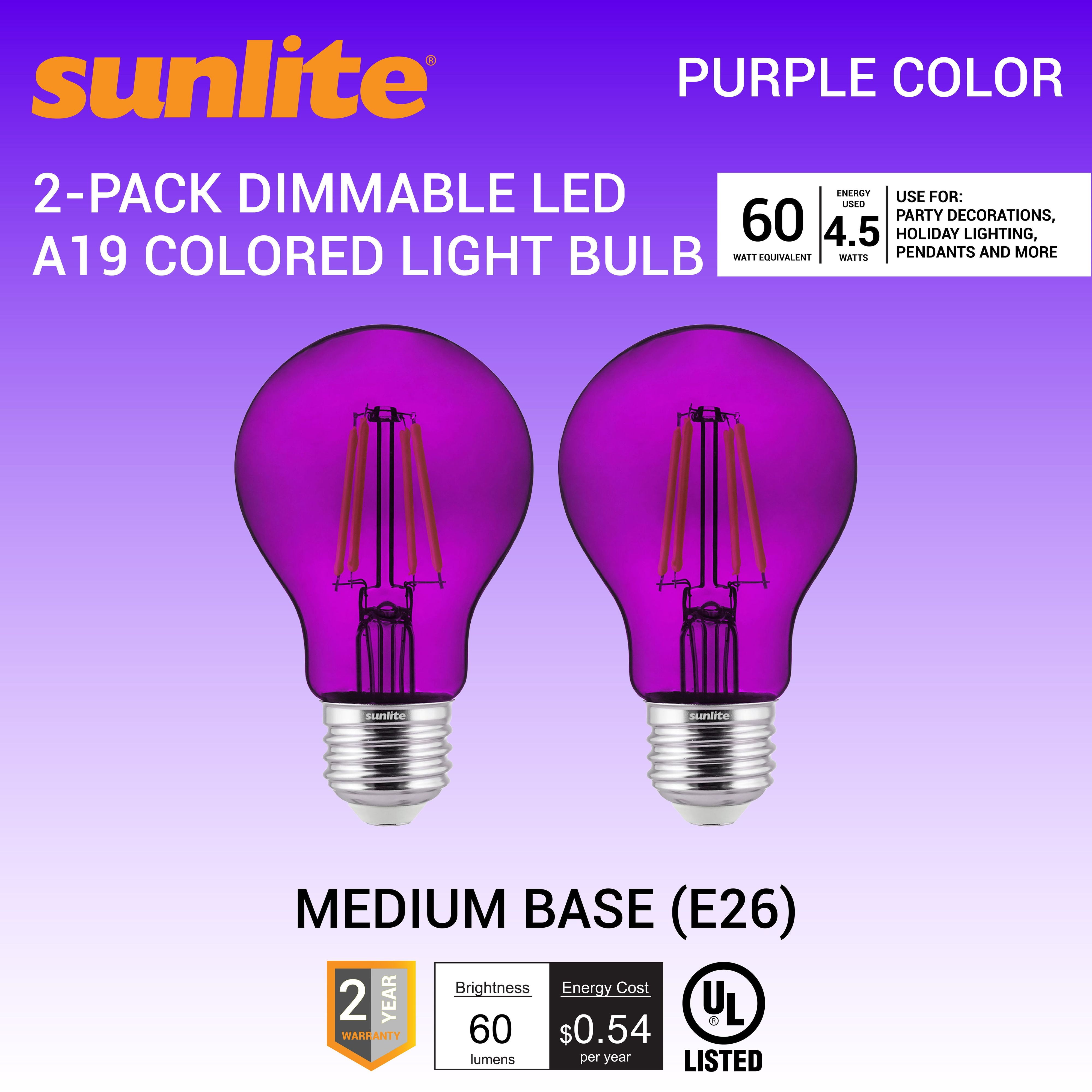 Sunlite Led Filament A19 Purple E26 Base 4.5W (60W Equivalent) Dimmable Light Bulb, 2 Count