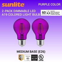 Sunlite Led Filament A19 Purple E26 Base 4.5W (60W Equivalent) Dimmable Light Bulb, 2 Count