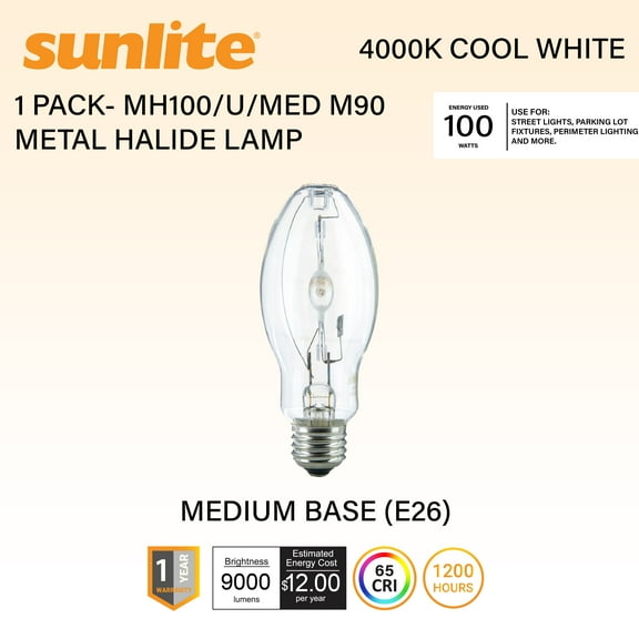 Sunlite MH Lamp, 100W, 9000lm, 4000K, E26 Base, ED17, Clear, Pulse Start, MH100/U/MED, 12,000 Hrs