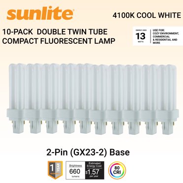 Sunlite PL13/SP65K/10PK 2-Pin Fluorescent 13W 6500K Daylight U Shaped Pl Cfl Twin Tube Plugin Light Bulbs With Gx23 Base 10 Pack P 14883818