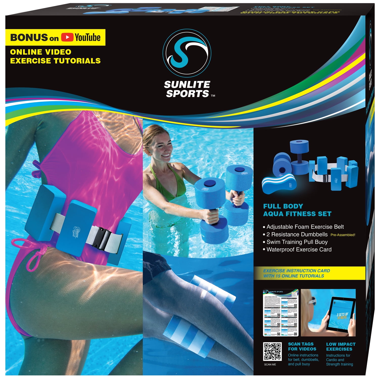 Sunlite Sports Aqua Fitness Full Body Combo, With Instructional Videos, Includes Water Dumbbell, Pull Buoy, Swim Belt, for Kids Adults Beginners Advanced, Swimming Stroke and Pool Training Aid