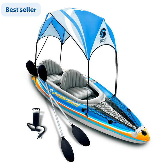Sunlite Sports Tandem Inflatable Kayak with Canopy and Pump for Lakes & Rivers