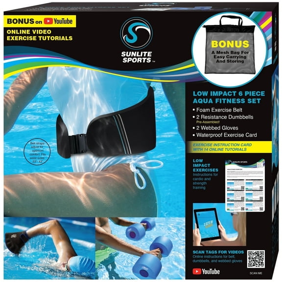 Sunlite Sports Water Aerobics Equipment Combo Set with Mesh Bag, Pool Exercise Equipment, High Density Water Weights, Swim Belt, Aqua Therapy, Water Workout