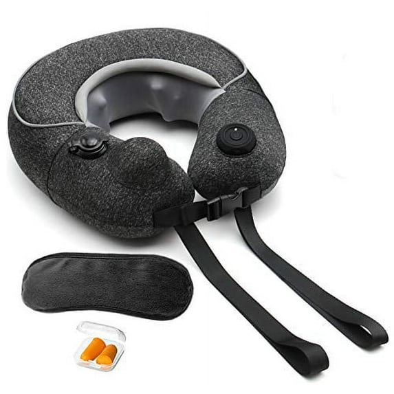 Sunlite Travel Neck Massage Pillow Inflatable, Cordless and Rechargeable U-Shaped Massager, 3D Shiatsu Deep Kneading, for Neck Pain Relief,with Bag, Eye Mask, Ear Plug (Black)
