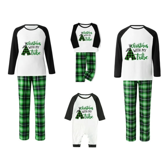Sunloudy Family Matching Christmas Pajamas, Letter Print Long-Sleeved Tops + Plaid Trousers Sleepwear Outfits