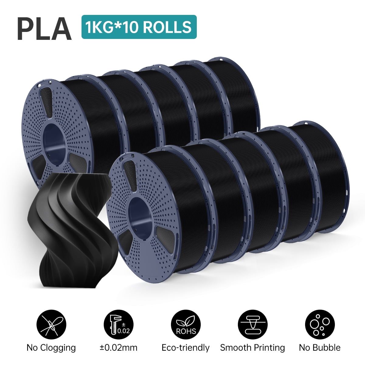 Sunlu PLA 3D Printer Filaments Bundle with Accessories for 175mm FDM 3D Printers, Black, 10 Pieces