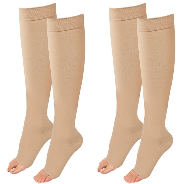 Sunm Boutique 2 Pair Beige Knee High Graduated Compression Stockings 20-30 mmhg Open Toe Compression Socks for Women and Men