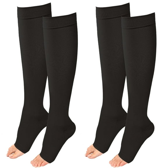 MARTINE MALL 2 Pair Black Knee High Graduated Compression Stockings 20-30 mmhg Open Toe Compression Socks for Women and Men