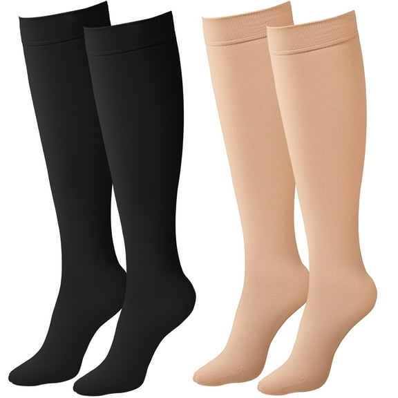 MARTINE MALL 2 Pair Knee High Graduated Compression Stockings 20-30 mmhg Close Toe Compression Socks for Women and Men(Beige Black)