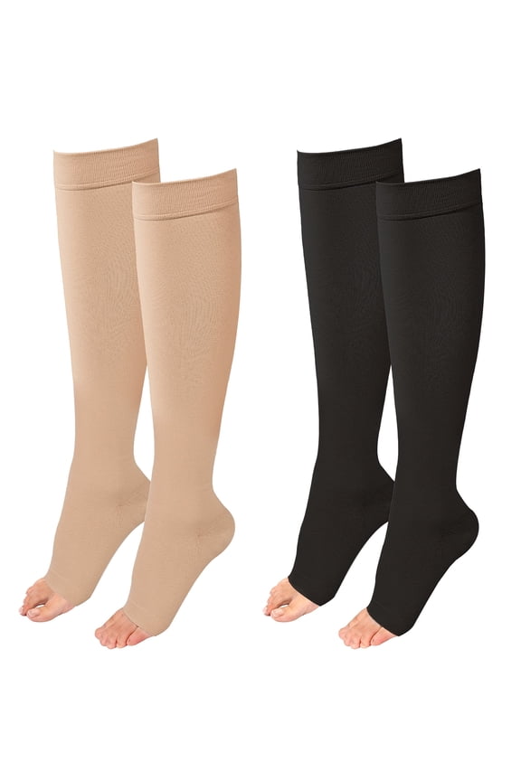 2 Pair Knee High Graduated Compression Stockings 20-30 mmhg Open Toe Compression Socks for Women and Men(Beige+Black)