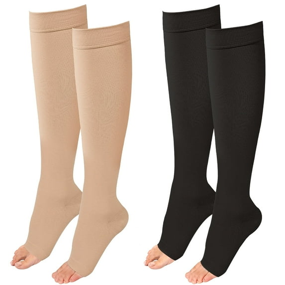 MARTINE MALL 2 Pair Knee High Graduated Compression Stockings 20-30 mmhg Open Toe Compression Socks for Women and Men(Beige+Black)
