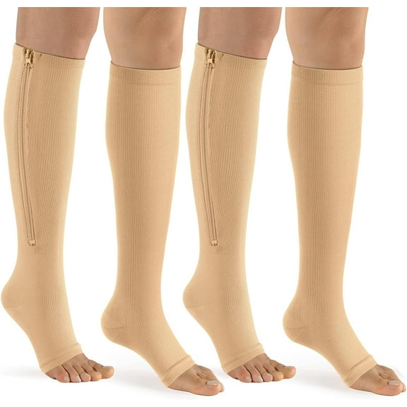 Sunm Boutique 2 Pairs Zipper Compression Socks 15-20 mmHg Open Toe Compression Stocking for Women and Men