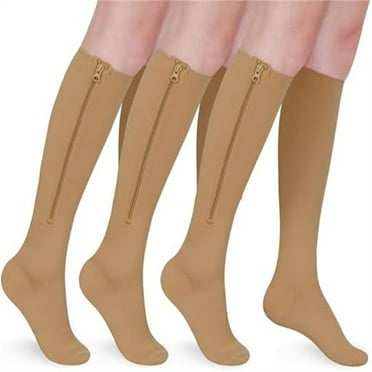 Sunm Boutique 3 Pairs Beige Zipper Compression Socks 15-20 mmHg Closed Toe Compression Stocking for Women & Men