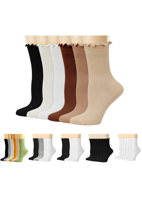 6 Pairs Women's Ruffle Socks Ruffle Turn-Cuff Casual Ankle Socks Cotton Breathable Knit Crew Sock for Women