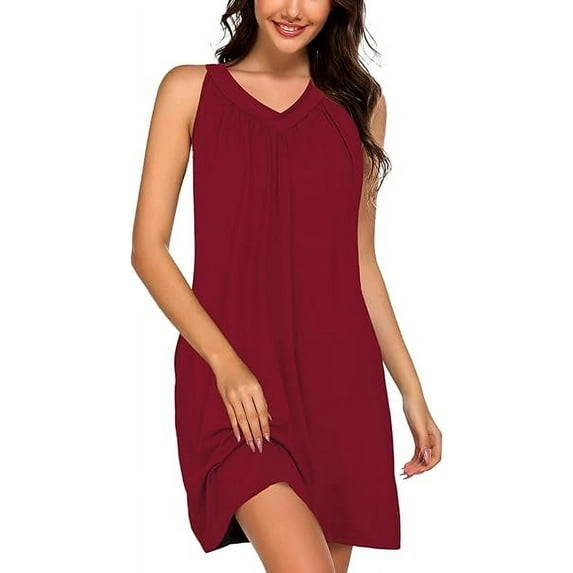 Sunm Boutique Women Cotton Nightgowns Sleepwear Sleeveless V-neck Sleepshirt Sleep Dress with Side Pockets S-XXL