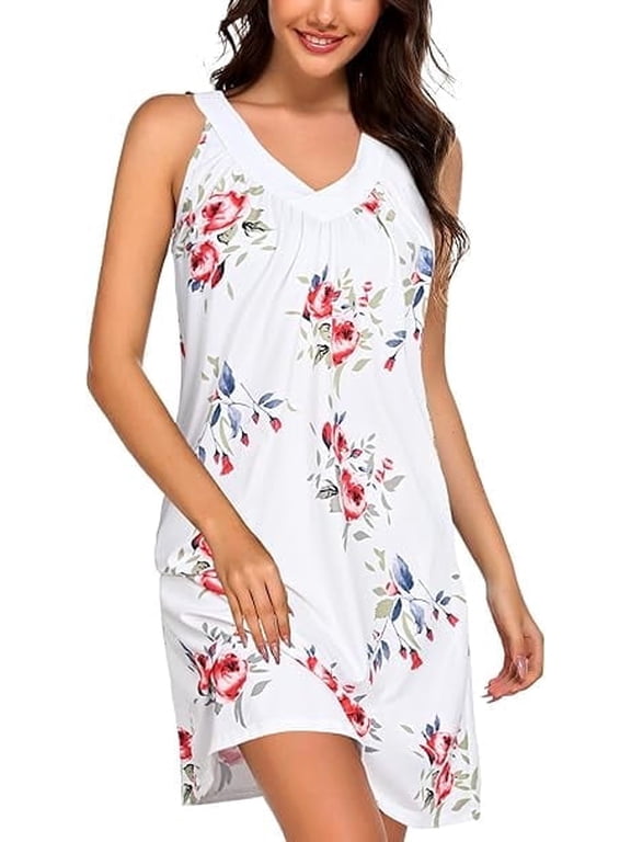 Women Cotton Nightgowns Sleepwear Sleeveless V-neck Sleepshirt Sleep Dress with Side Pockets S-XXL