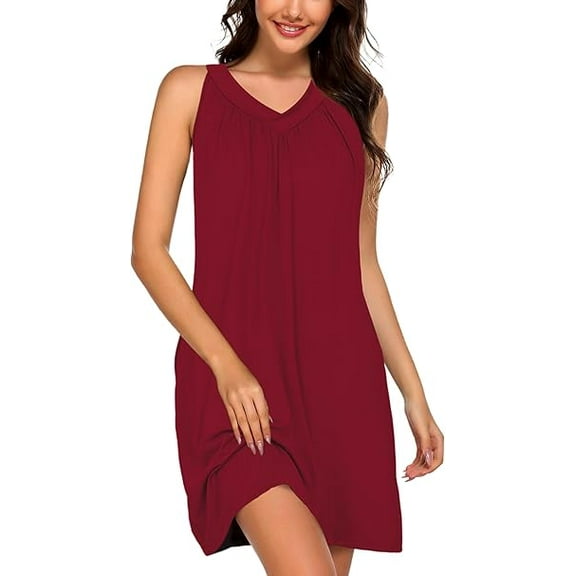 Sunm Boutique Women Cotton Nightgowns Sleepwear Sleeveless V-neck Sleepshirt Sleep Dress with Side Pockets S-XXL