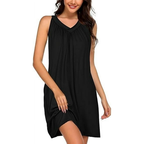 Sunm Boutique Women Cotton Nightgowns Sleepwear Sleeveless V-neck Sleepshirt Sleep Dress with Side Pockets S-XXL