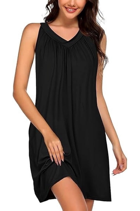 Women Cotton Nightgowns Sleepwear Sleeveless V-neck Sleepshirt Sleep Dress with Side Pockets S-XXL
