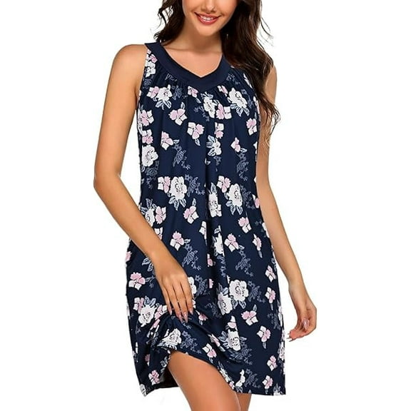 Sunm Boutique Women Cotton Nightgowns Sleepwear Sleeveless V-neck Sleepshirt Sleep Dress with Side Pockets S-XXL