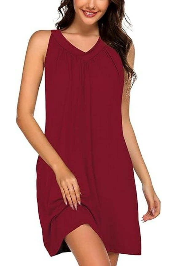 Women Cotton Nightgowns Sleepwear Sleeveless V-neck Sleepshirt Sleep Dress with Side Pockets S-XXL