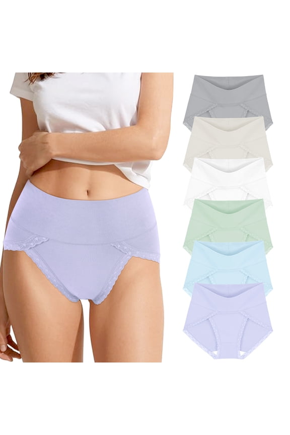 High Cut Lace Combed Cotton Underwear for Women, 5-Pack High Waisted Full Coverage Tummy Control Briefs