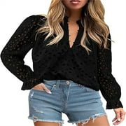 SUNM BOUTIQUE Eyelet Tops for Women Hollow Out Lace Embroidered Tops, V Neck Button Puff Long Sleeve Shirts