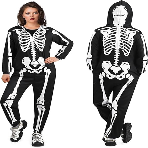 Sunm Boutique Halloween Costume Women-Comfy Easy Adult Onesie Jumpsuit-Front and Back Bone Print with Zip Up Hooded