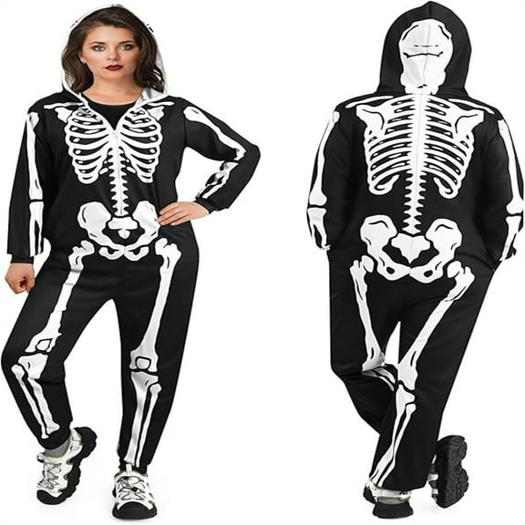 Sunm Boutique Halloween Costume Women-Comfy Easy Adult Onesie Jumpsuit-Front and Back Bone Print with Zip Up Hooded