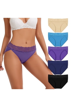 Lace High Cut Mid-Rise Panties Plus Size Cotton Underwear for Women, 5-Pack Full Coverage Comfort Waistband