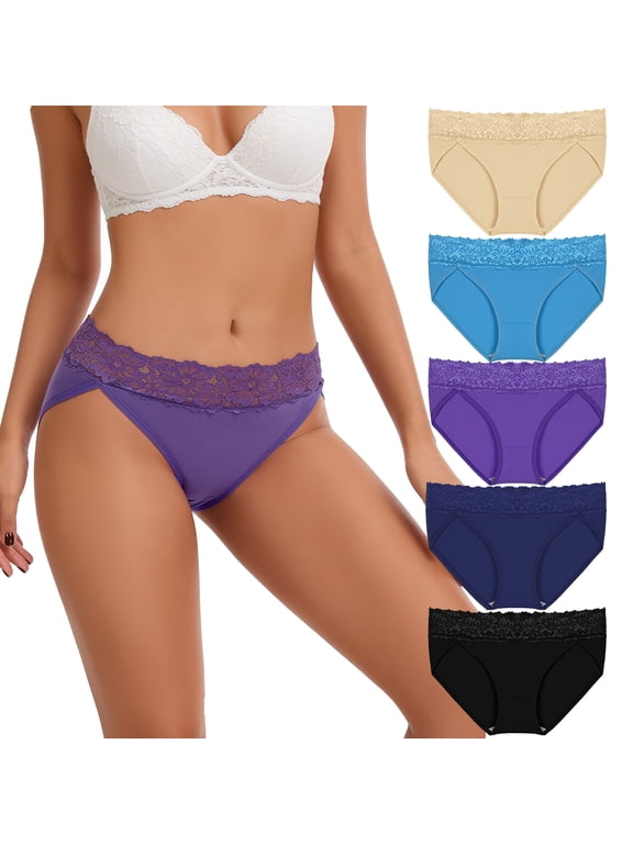 Lace High Cut Mid-Rise Panties Plus Size Cotton Underwear for Women, 5-Pack Full Coverage Comfort Waistband