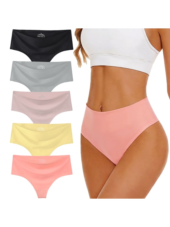 Cooling Seamless Thongs for Women, 5 Packs High Cut No Show Underwear Panties Thongs M-2XL