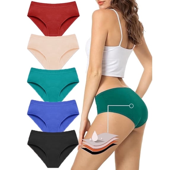 Sunm Boutique Bamboo Period Underwear for Women, Leak-Proof Mid-Rise Menstrual Panties, 5-Pack Quick Absorbing Breathable