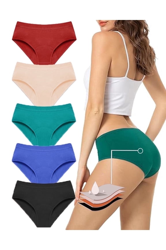 Bamboo Period Underwear for Women, Leak-Proof Mid-Rise Menstrual Panties, 5-Pack Quick Absorbing Breathable